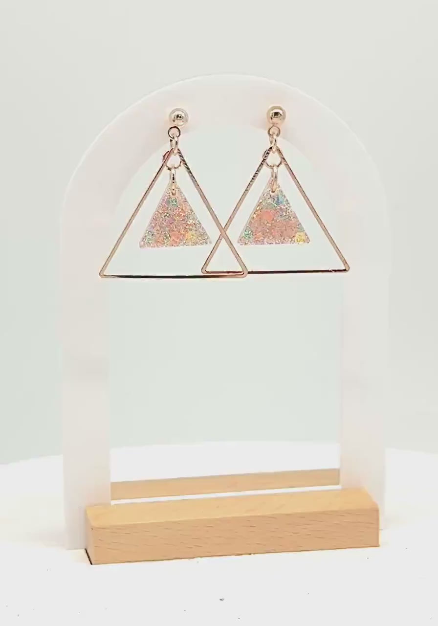Glitter Resin Triangle Earrings: Gold Confetti Dangle Statement Earrings