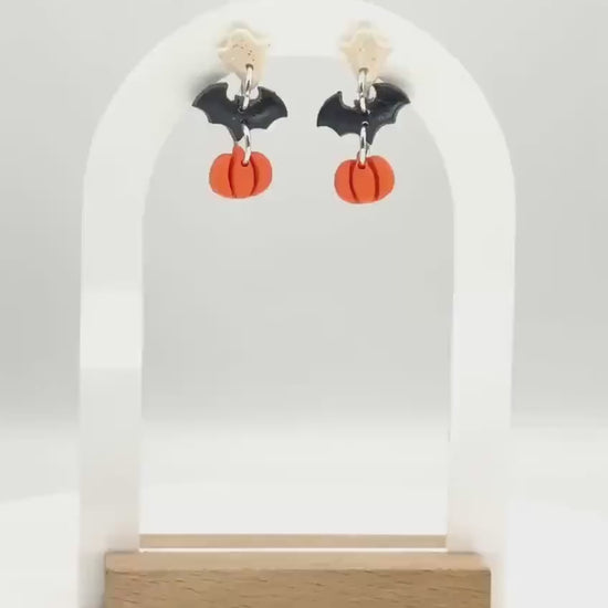 Ghost Bat Pumpkin Halloween Earrings: Polymer Clay Spooky Jewelry