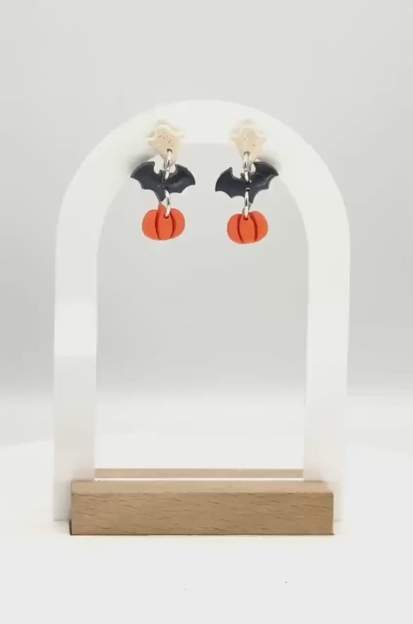 Ghost Bat Pumpkin Halloween Earrings: Polymer Clay Spooky Jewelry