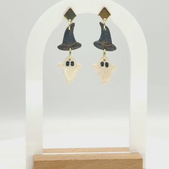 Ghost Witch Hat Earrings: Handmade Polymer Clay Halloween Dangles