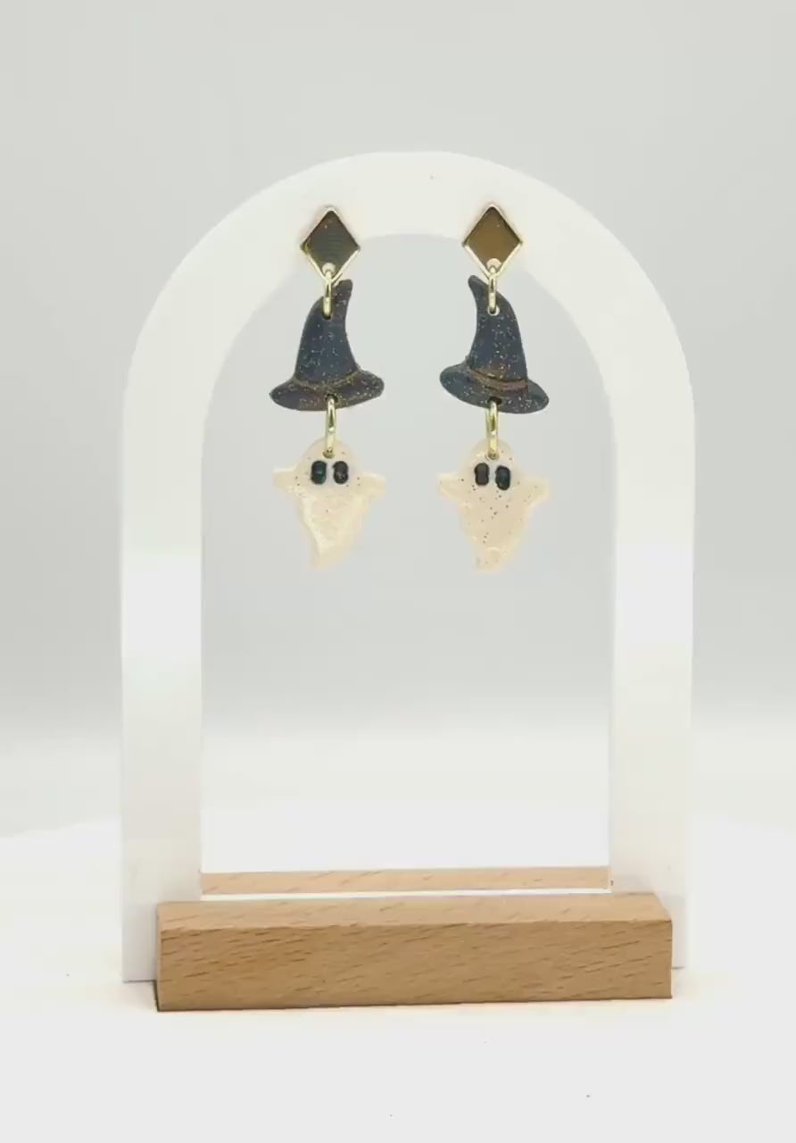 Ghost Witch Hat Earrings: Handmade Polymer Clay Halloween Dangles