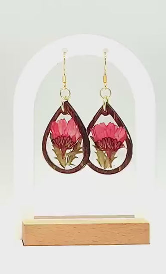 Birth Flower Earrings, Floral Resin Earrings | Rustic Wood Teardrop Dangles with Real Pressed Flowers