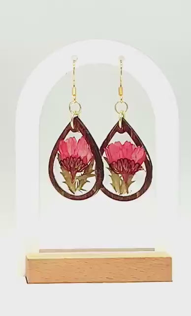 Birth Flower Earrings, Floral Resin Earrings | Rustic Wood Teardrop Dangles with Real Pressed Flowers