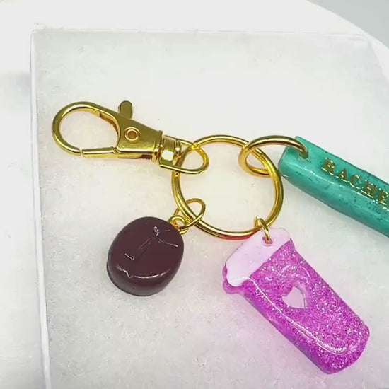 Personalized Coffee Keychain: Glitter Cup, Bean & Name Charm
