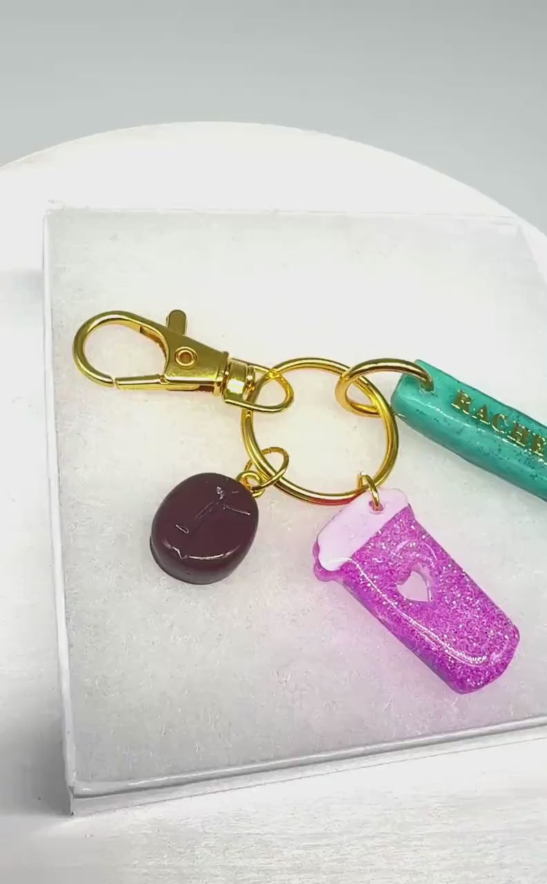 Personalized Coffee Keychain: Glitter Cup, Bean & Name Charm