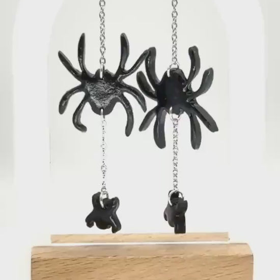 Sterling Silver Spider Dangle Earrings: Handmade Polymer Clay Halloween Jewelry