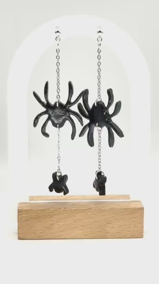 Sterling Silver Spider Dangle Earrings: Handmade Polymer Clay Halloween Jewelry