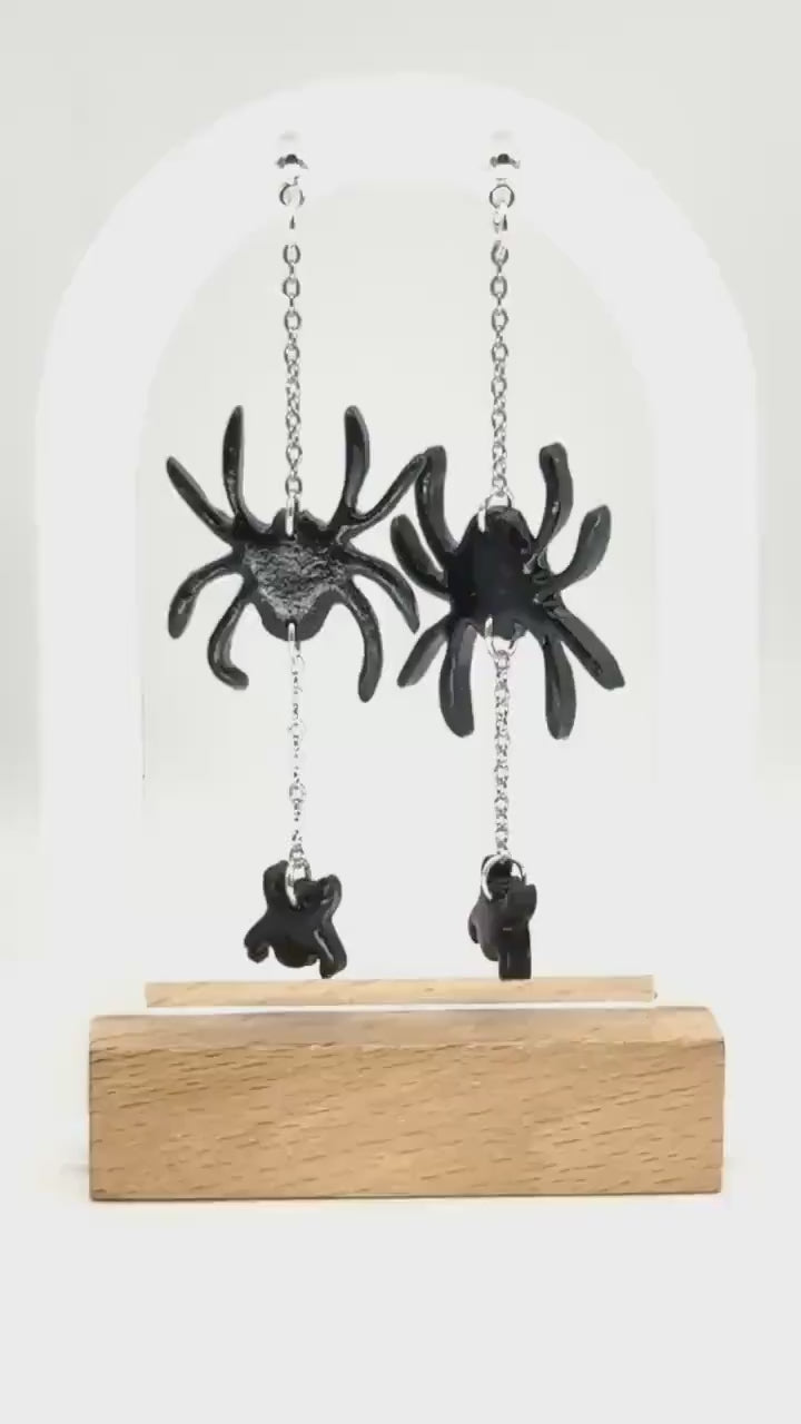 Sterling Silver Spider Dangle Earrings: Handmade Polymer Clay Halloween Jewelry