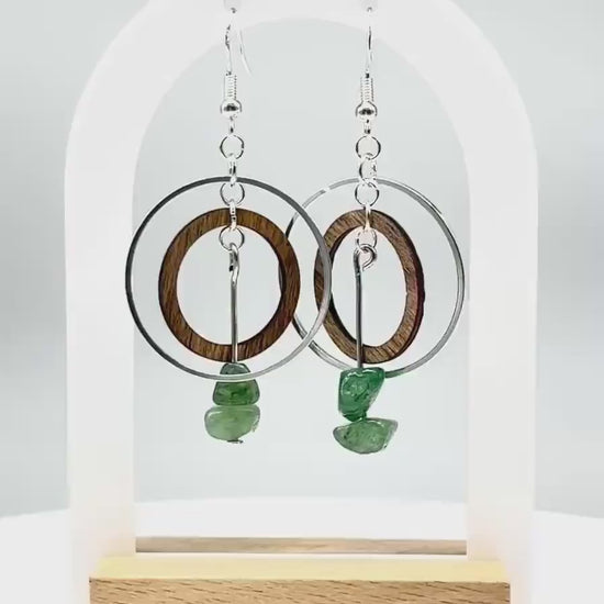 Handcrafted Wood & Green Stone Silver Hoop Earrings | Nature-Inspired Boho Jewelry