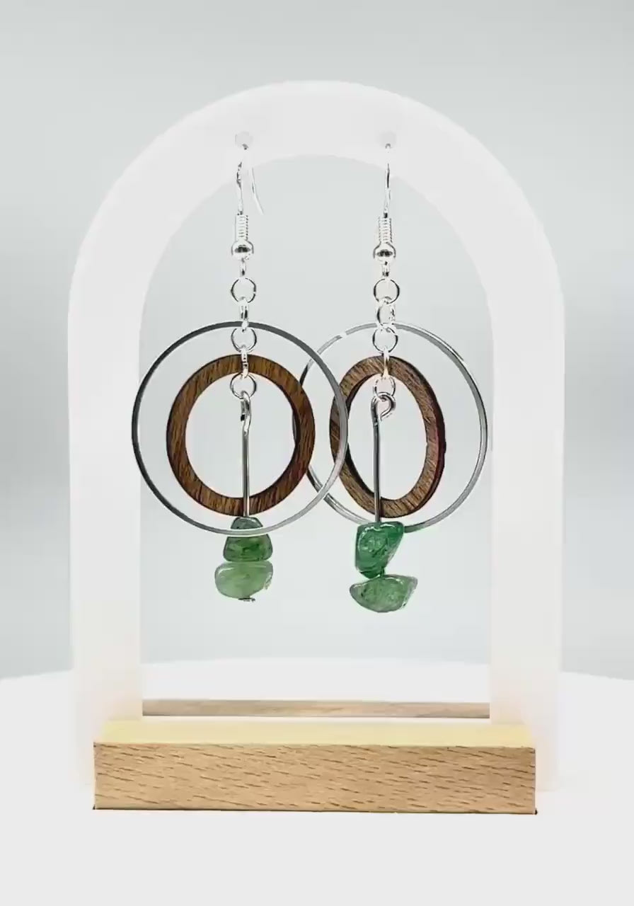 Handcrafted Wood & Green Stone Silver Hoop Earrings | Nature-Inspired Boho Jewelry