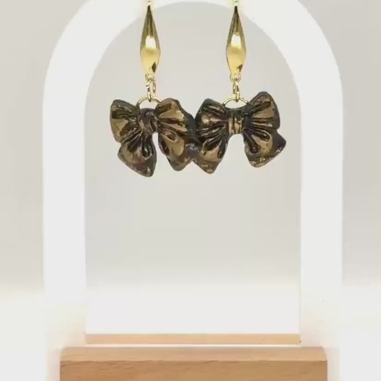 Black & Gold Bow Earrings: Gothic-Glam Polymer Clay Jewelry