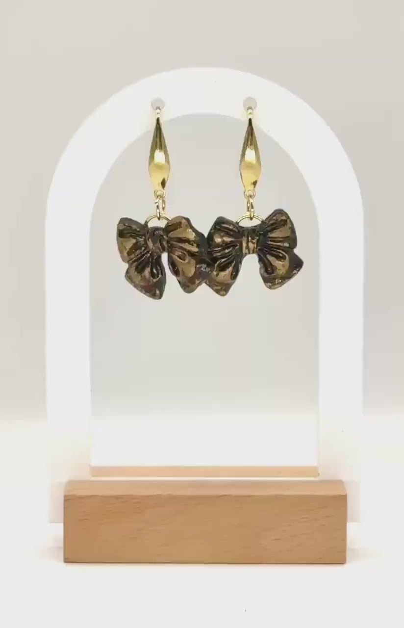 Black & Gold Bow Earrings: Gothic-Glam Polymer Clay Jewelry