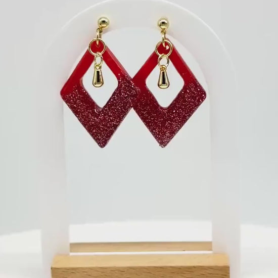 Red-Orange Glitter Resin Earrings: Gold Diamond Dangle Earrings