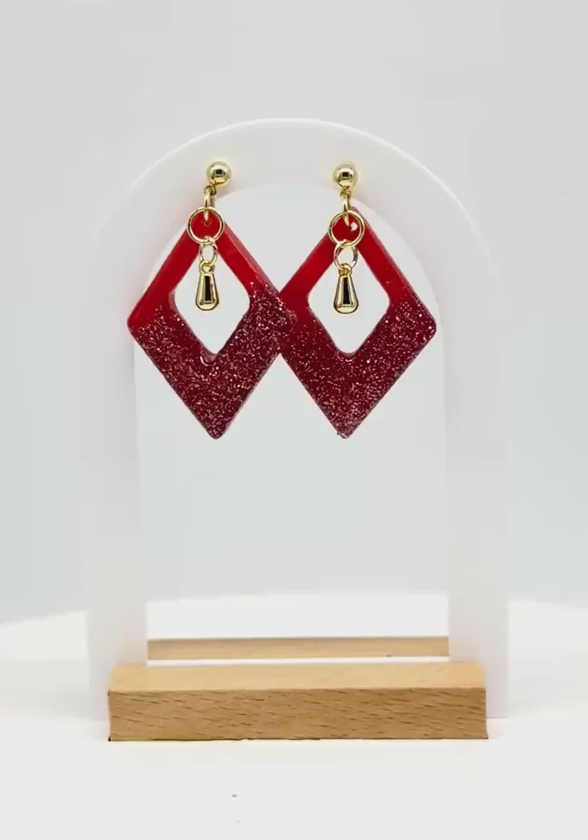 Red-Orange Glitter Resin Earrings: Gold Diamond Dangle Earrings