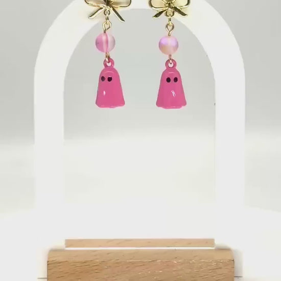 Pink Ghost Bow Earrings | Pastel Halloween Dangles
