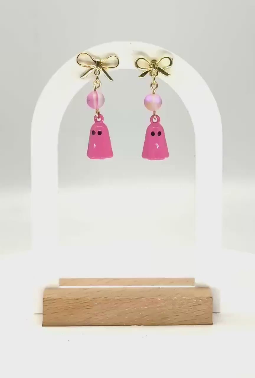 Pink Ghost Bow Earrings | Pastel Halloween Dangles