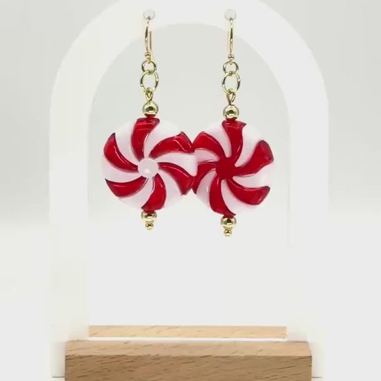 Handmade Peppermint Candy Dangle Earrings - Gold Hardware, Festive Holiday Jewelry