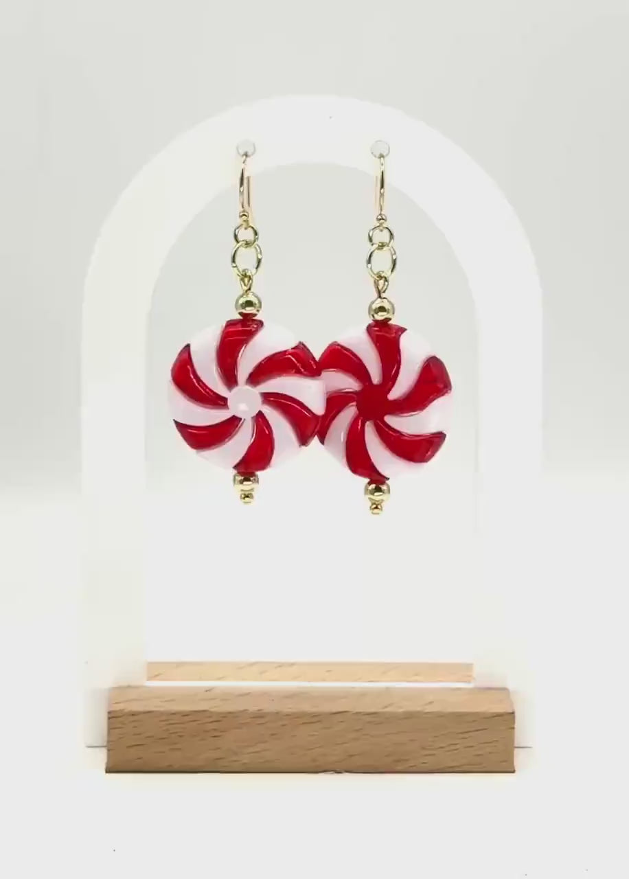 Handmade Peppermint Candy Dangle Earrings - Gold Hardware, Festive Holiday Jewelry