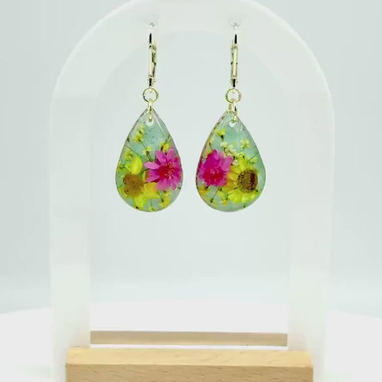 Real Daisy Resin Earrings: Gold Teardrop Dangle Botanical Jewelry