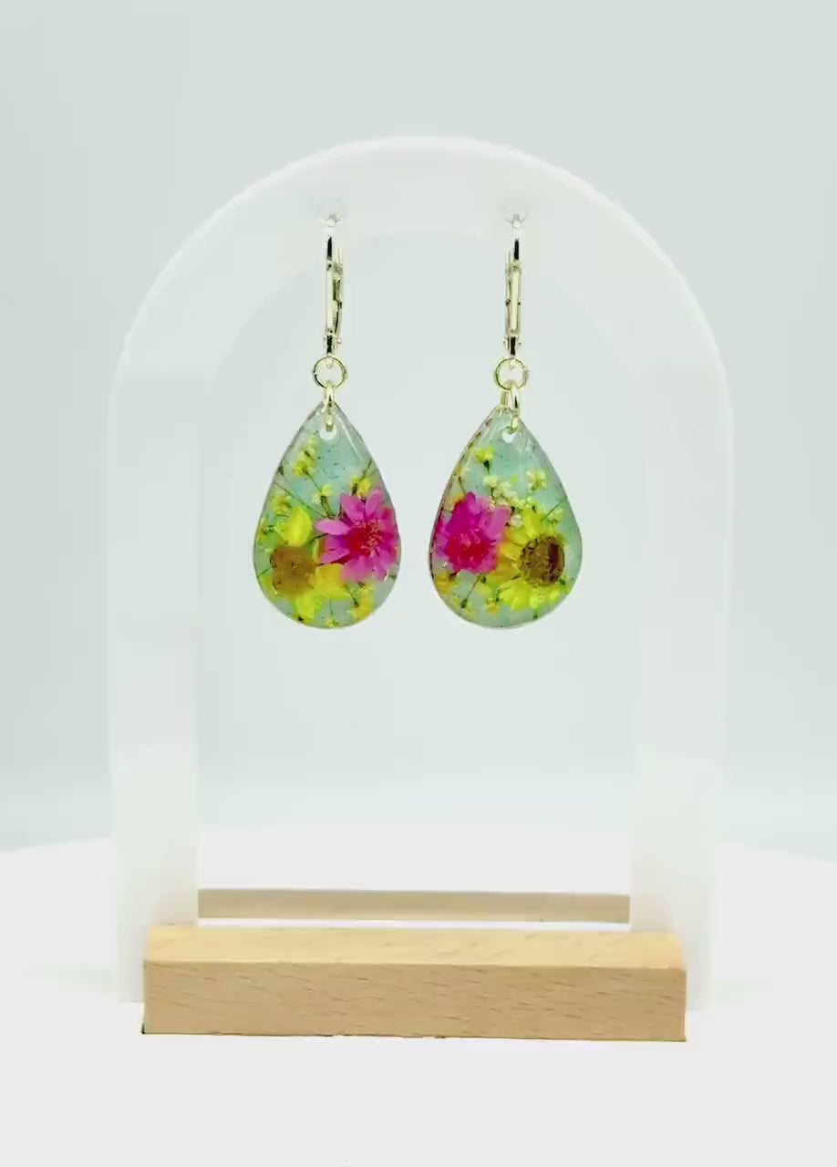 Real Daisy Resin Earrings: Gold Teardrop Dangle Botanical Jewelry