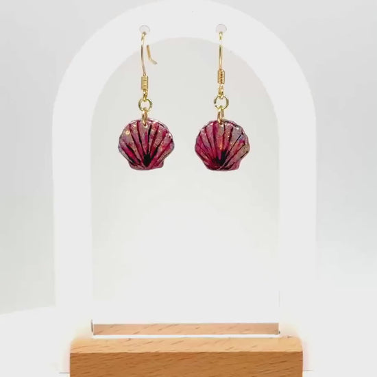 Glitter Resin Seashell Earrings: Hand-Painted Black Detail, Beach Jewelry