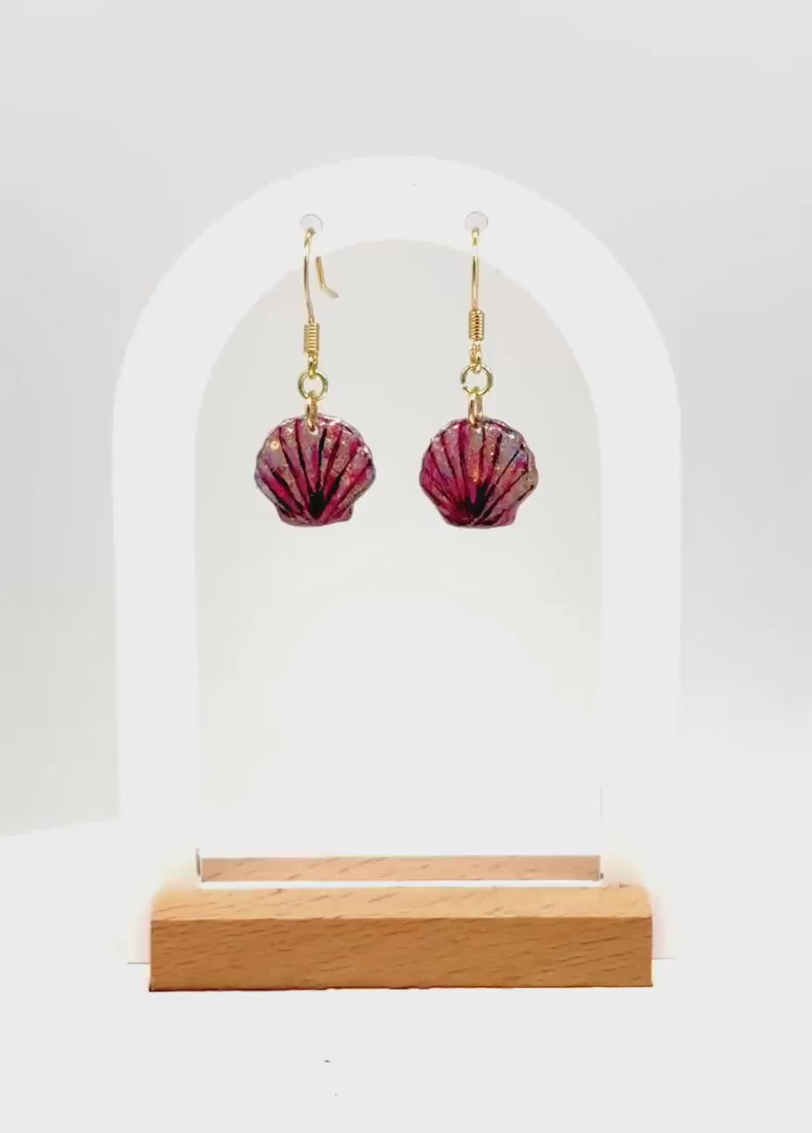 Glitter Resin Seashell Earrings: Hand-Painted Black Detail, Beach Jewelry