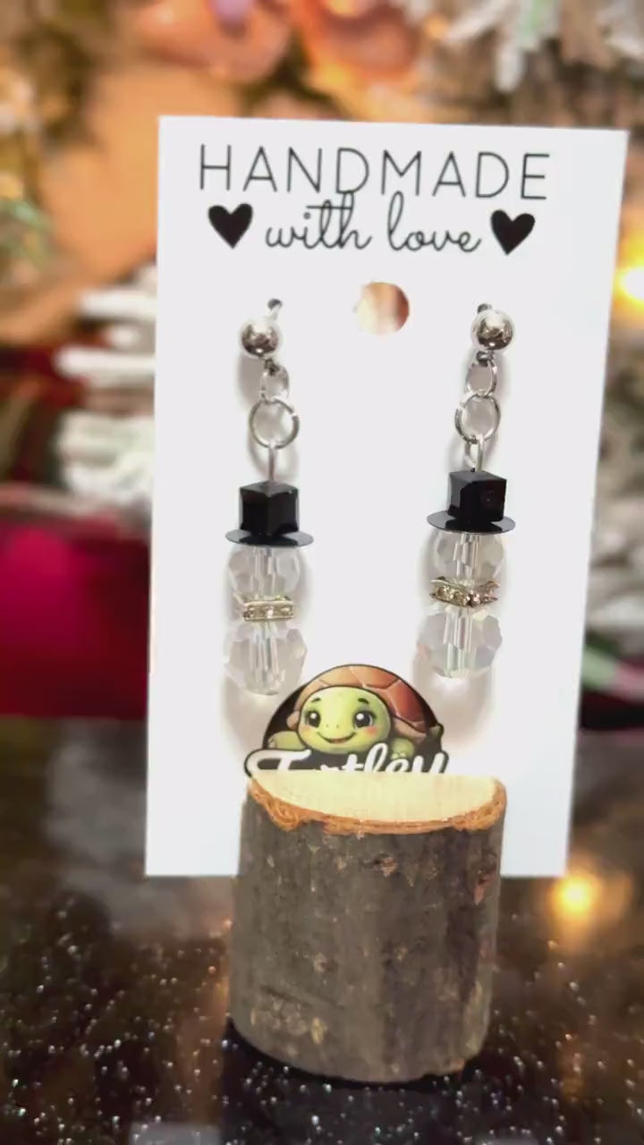 Snowman Gem Bead Earrings - Festive Dangle Earrings, Winter Holiday Jewelry