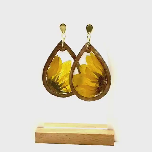 Pressed Sunflower Earrings: Resin & Walnut Wood, Gold Posts