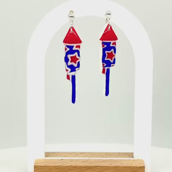 Firework Rocket Earrings: Hand-Painted Patriotic Dangle - Gift Boxed