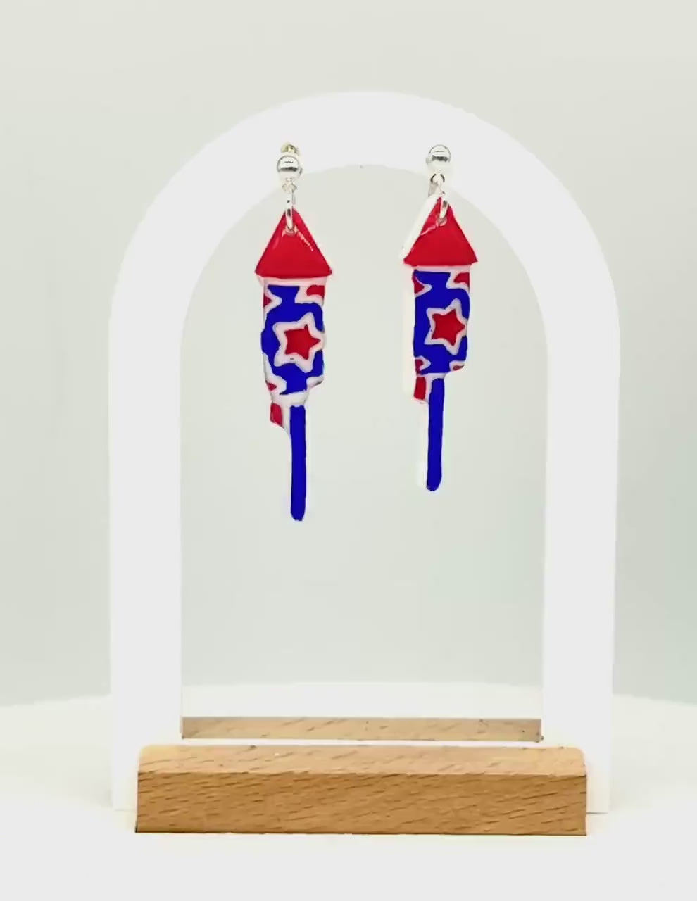 Firework Rocket Earrings: Hand-Painted Patriotic Dangle - Gift Boxed