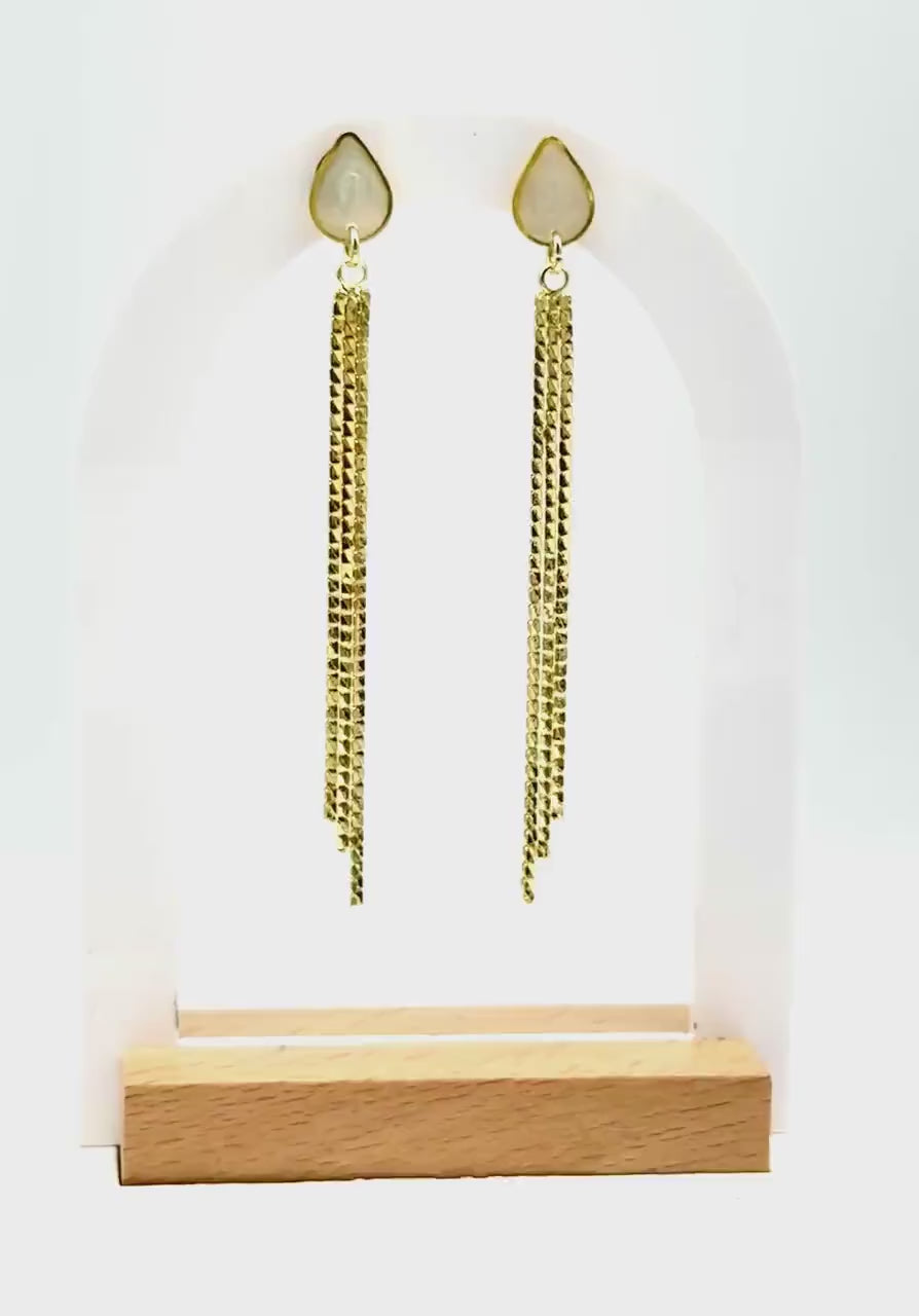 Handmade Gold Tassel Earrings: Pearlescent Resin Teardrop Dangle