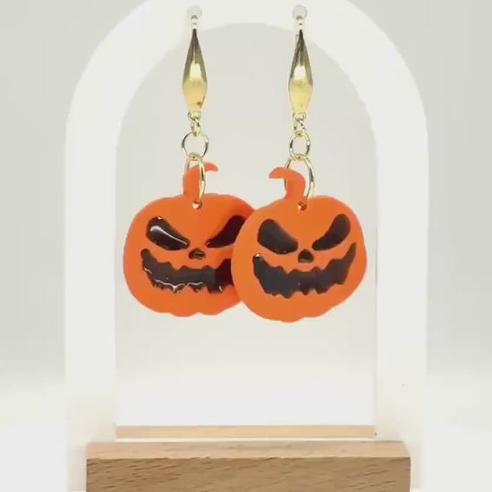 Halloween Earrings, Pumpkin Earrings — Handmade Jack-O’-Lantern Polymer Clay & Black Resin Dangles (Gold)