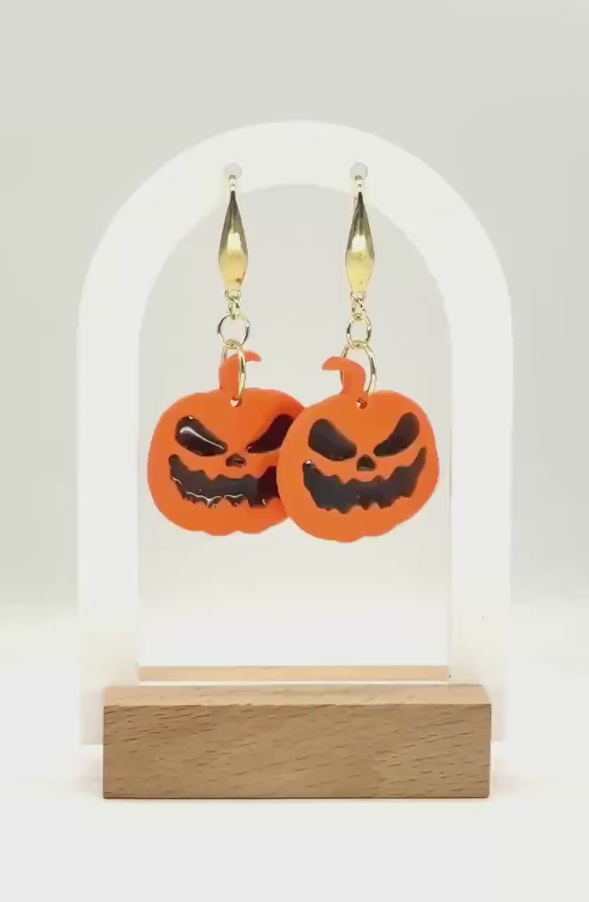 Halloween Earrings, Pumpkin Earrings — Handmade Jack-O’-Lantern Polymer Clay & Black Resin Dangles (Gold)