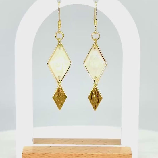 Gold Geometric Earrings: Pearlescent White Resin Diamond Dangle