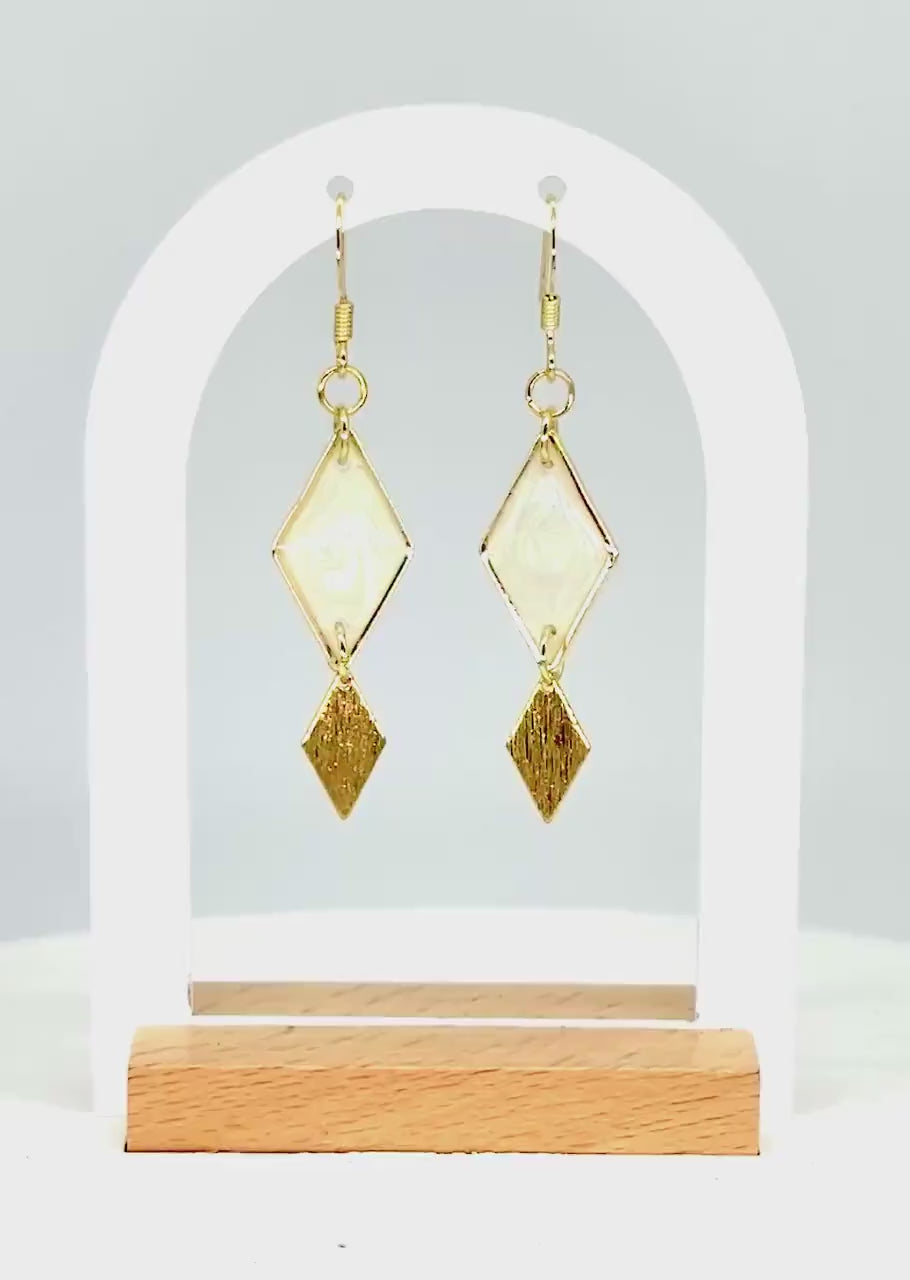 Gold Geometric Earrings: Pearlescent White Resin Diamond Dangle