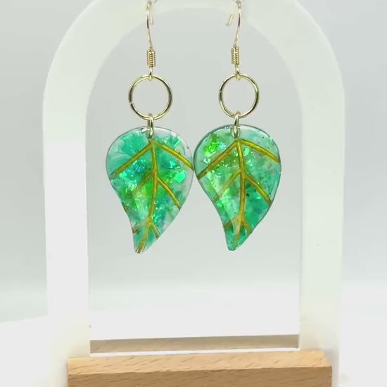 Handmade Resin Leaf Earrings – Green & Gold Accents for a Boho-Chic Look