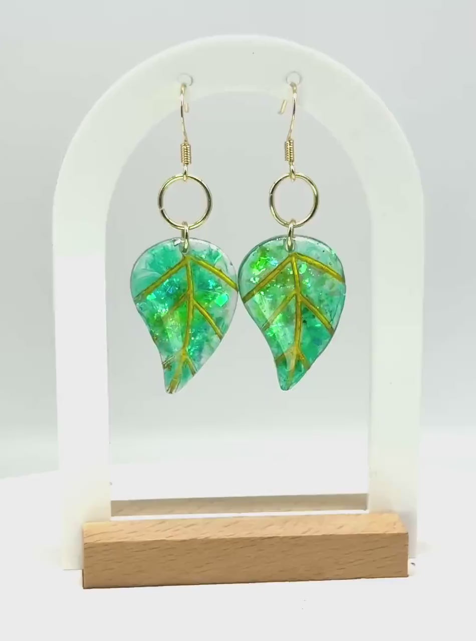 Handmade Resin Leaf Earrings – Green & Gold Accents for a Boho-Chic Look
