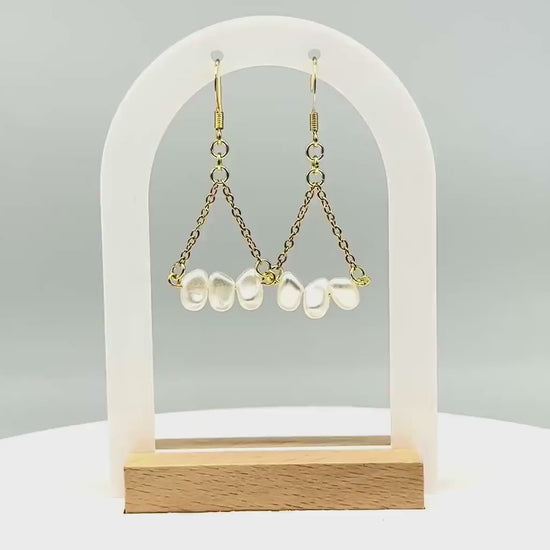 Hand-Beaded Pearl-Like Triangle Chain Earrings – Minimalist Boho Chic