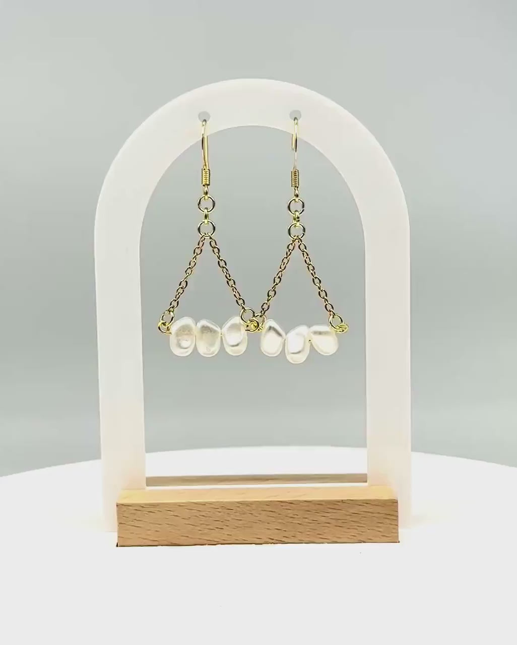 Hand-Beaded Pearl-Like Triangle Chain Earrings – Minimalist Boho Chic