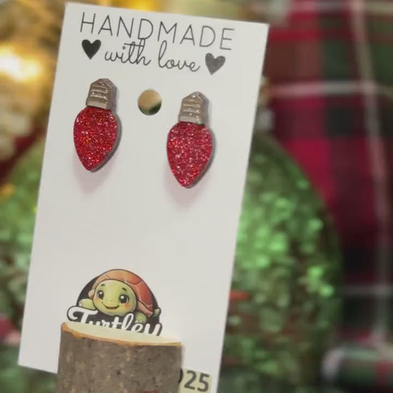 Handmade Glitter Bulb Earrings - Choose Green or Red, Sparkly Christmas Jewelry, Festive Holiday Accessory