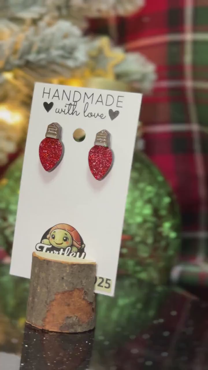Handmade Glitter Bulb Earrings - Choose Green or Red, Sparkly Christmas Jewelry, Festive Holiday Accessory