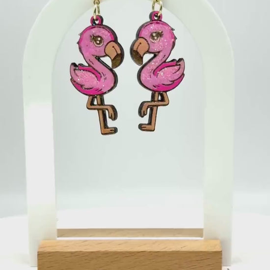 Handmade Wood Flamingo Earrings: Pink Glitter Dangle Jewelry