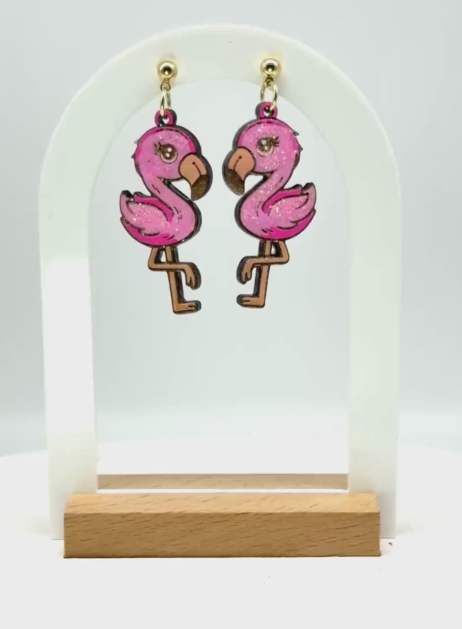 Handmade Wood Flamingo Earrings: Pink Glitter Dangle Jewelry