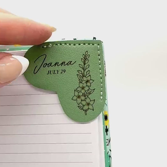 Personalized Birth Flower Bookmark: Engraved Faux Leather Heart Corner