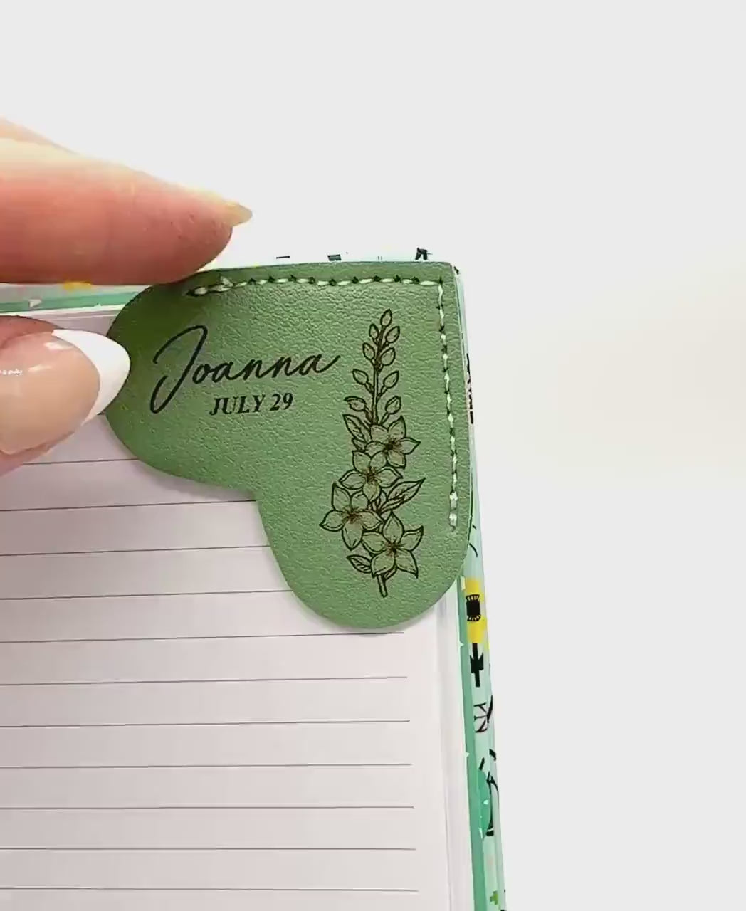 Personalized Birth Flower Bookmark: Engraved Faux Leather Heart Corner