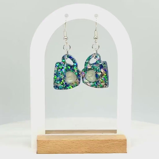Coffee Mug Earrings, Resin Earrings | Glitter Holographic Cup Dangle • Handmade Coffee-Lover Gift
