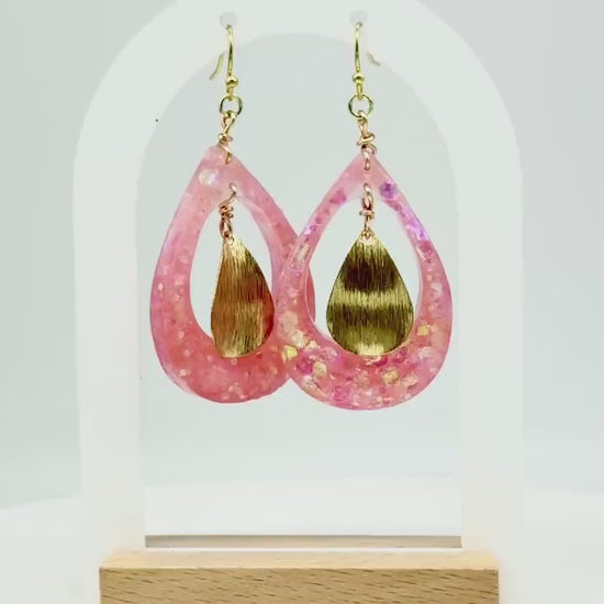Pink Glitter Resin Earrings: Gold Teardrop Dangle, Handmade Jewelry