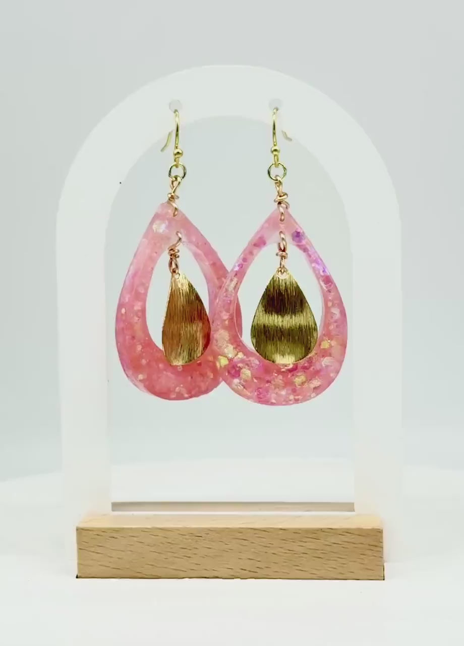 Pink Glitter Resin Earrings: Gold Teardrop Dangle, Handmade Jewelry
