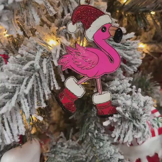 Hand-Painted Wooden Flamingo Christmas Ornament: Santa Hat Holiday Decor