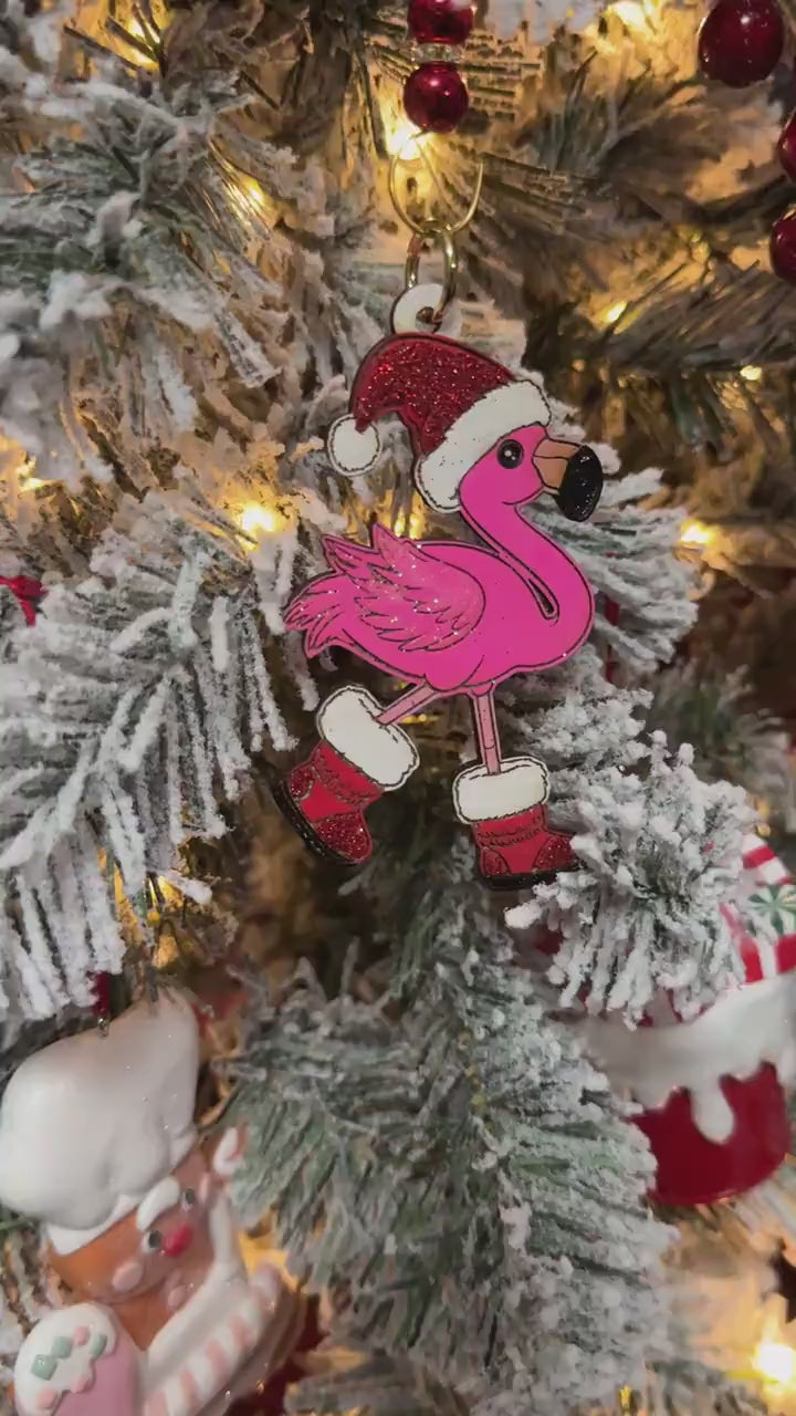 Hand-Painted Wooden Flamingo Christmas Ornament: Santa Hat Holiday Decor